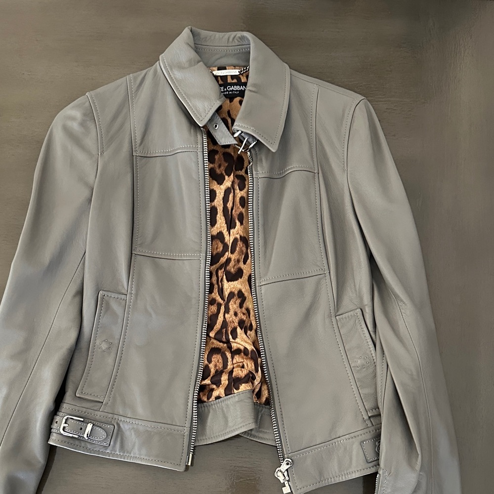 Dolce & Gabbana Gray Lambskin Jacket with Leopard Print Lining